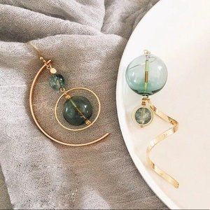 Asymmetrical golden sphere earrings celestial gold blue green glass bohemian